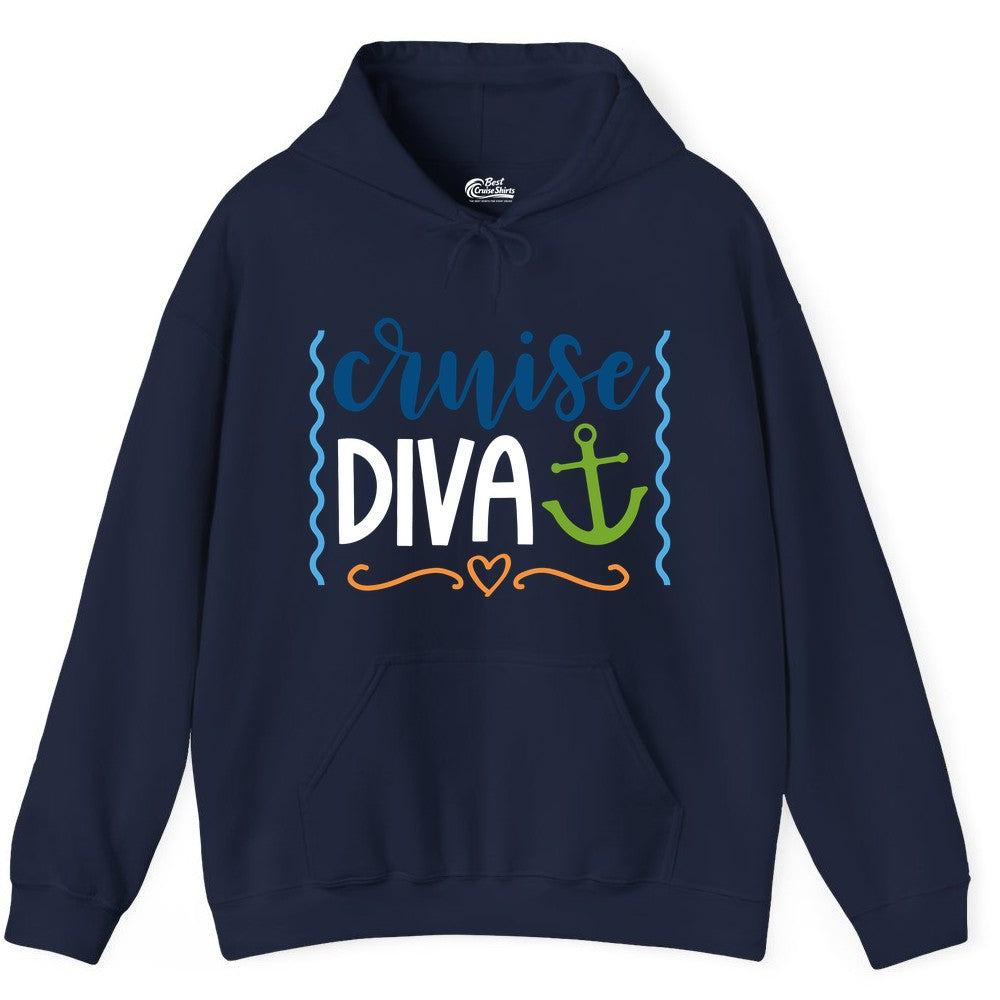 Cruise Diva Shirt - Nautical Vacation Apparel for Women Cruisers (Hoodie) in Navy - Cruise Diva Nautical Anchor Shirt - Playful Fun Girls Trip Top
