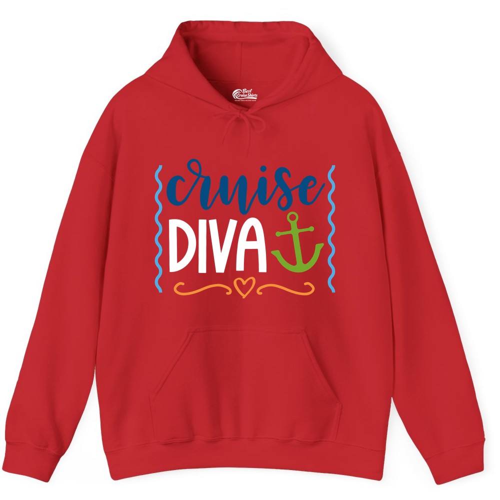 Cruise Diva Shirt - Nautical Vacation Apparel for Women Cruisers (Hoodie) in Red - Cruise Diva Nautical Anchor Shirt - Playful Fun Girls Trip Top