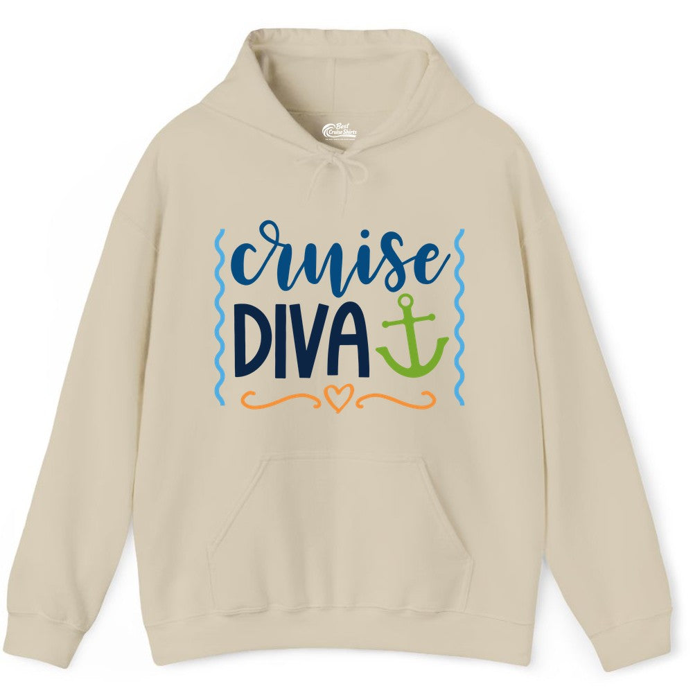 Cruise Diva Shirt - Nautical Vacation Apparel for Women Cruisers (Hoodie) in Sand - Cruise Diva Nautical Anchor Shirt - Playful Fun Girls Trip Top