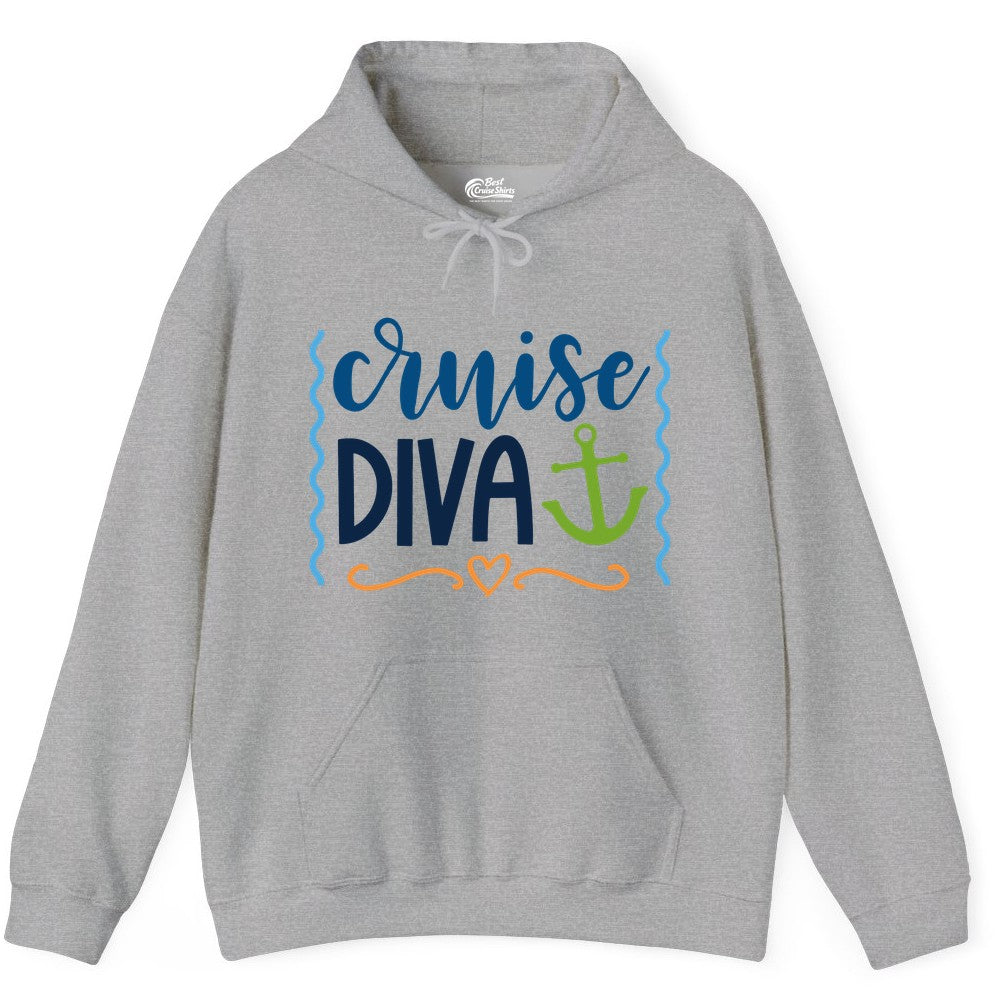 Cruise Diva Shirt - Nautical Vacation Apparel for Women Cruisers (Hoodie) in Sport Grey - Cruise Diva Nautical Anchor Shirt - Playful Fun Girls Trip Top