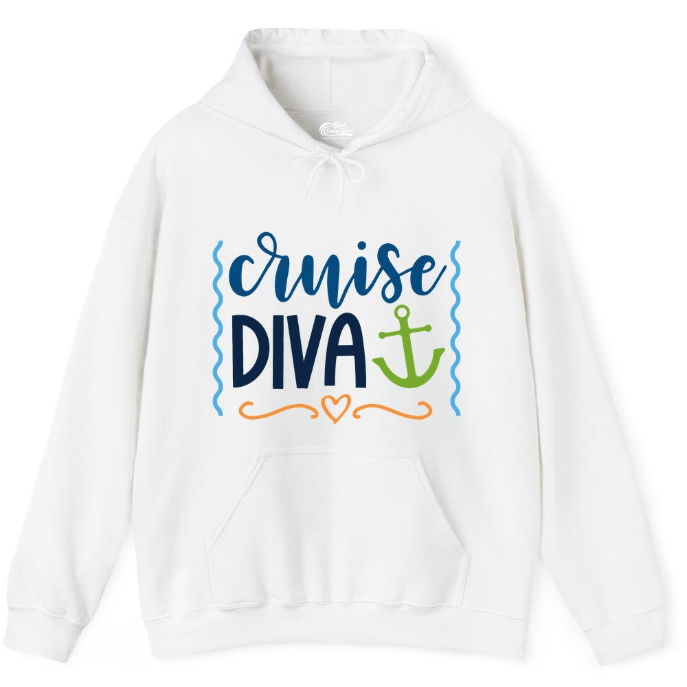 Cruise Diva Shirt - Nautical Vacation Apparel for Women Cruisers (Hoodie) in White - Cruise Diva Nautical Anchor Shirt - Playful Fun Girls Trip Top