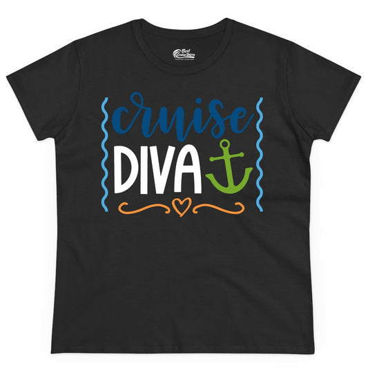 Cruise Diva Shirt - Nautical Vacation Apparel for Women Cruisers (Ladies Tee) in Black - Cruise Diva Nautical Anchor Shirt - Playful Fun Girls Trip Top