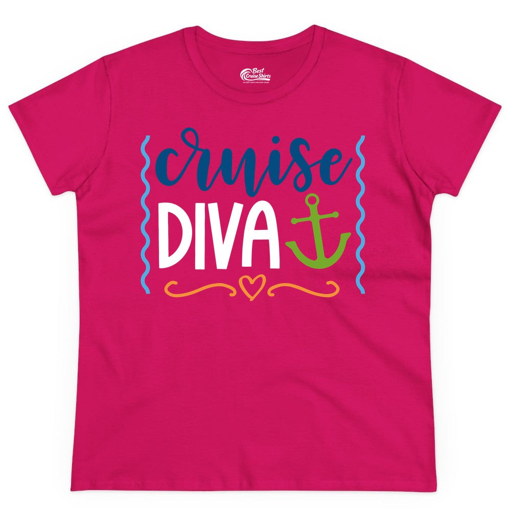 Cruise Diva Shirt - Nautical Vacation Apparel for Women Cruisers (Ladies Tee) in Heliconia - Cruise Diva Nautical Anchor Shirt - Playful Fun Girls Trip Top
