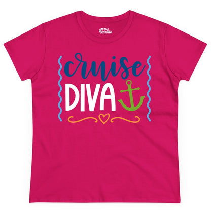 Cruise Diva Shirt - Nautical Vacation Apparel for Women Cruisers (Ladies Tee) in Heliconia - Cruise Diva Nautical Anchor Shirt - Playful Fun Girls Trip Top