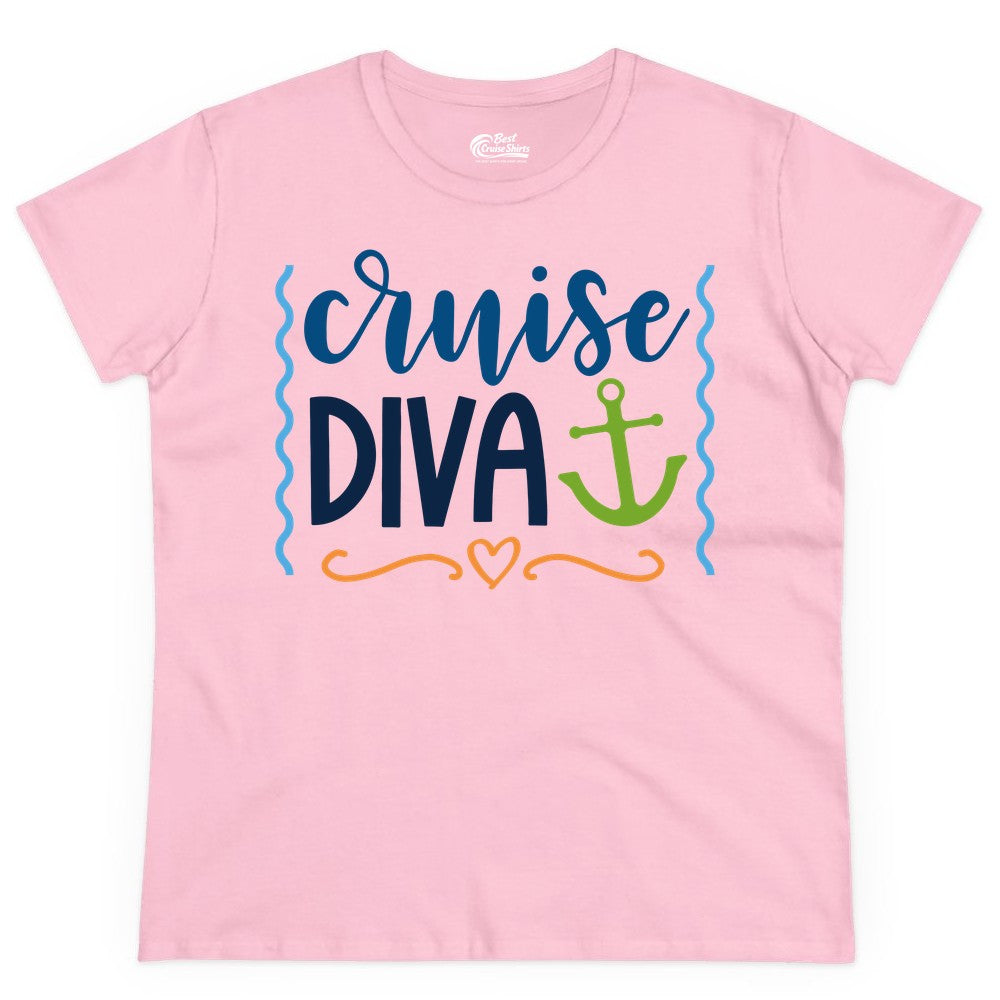 Cruise Diva Shirt - Nautical Vacation Apparel for Women Cruisers (Ladies Tee) in Light Pink - Cruise Diva Nautical Anchor Shirt - Playful Fun Girls Trip Top