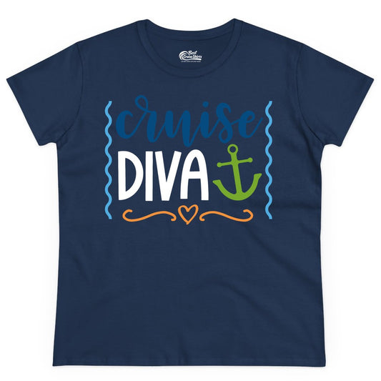 Cruise Diva Shirt - Nautical Vacation Apparel for Women Cruisers (Ladies Tee) in Navy - Cruise Diva Nautical Anchor Shirt - Playful Fun Girls Trip Top
