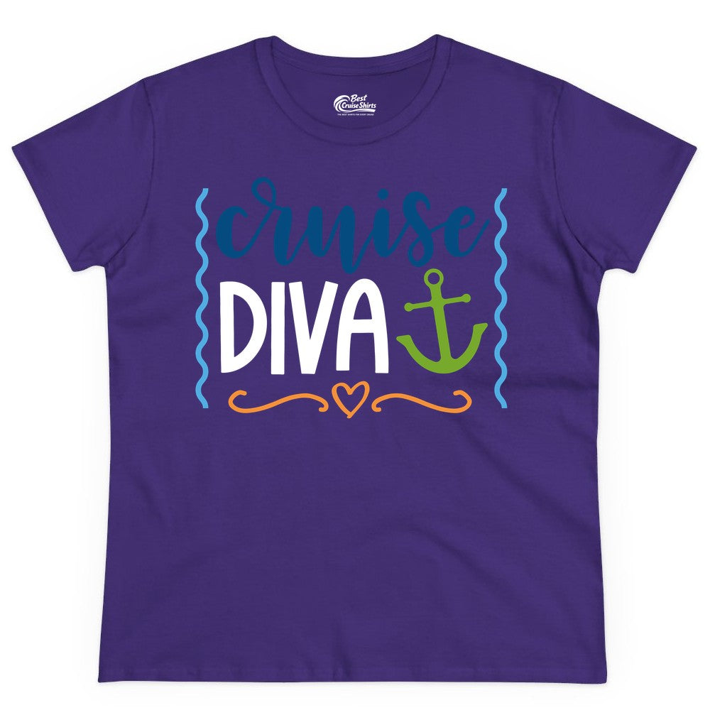 Cruise Diva Shirt - Nautical Vacation Apparel for Women Cruisers (Ladies Tee) in Purple - Cruise Diva Nautical Anchor Shirt - Playful Fun Girls Trip Top