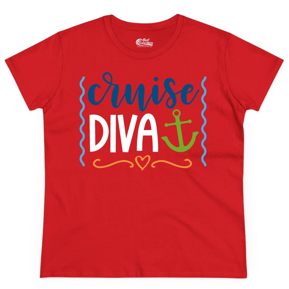 Cruise Diva Shirt - Nautical Vacation Apparel for Women Cruisers (Ladies Tee) in Red - Cruise Diva Nautical Anchor Shirt - Playful Fun Girls Trip Top