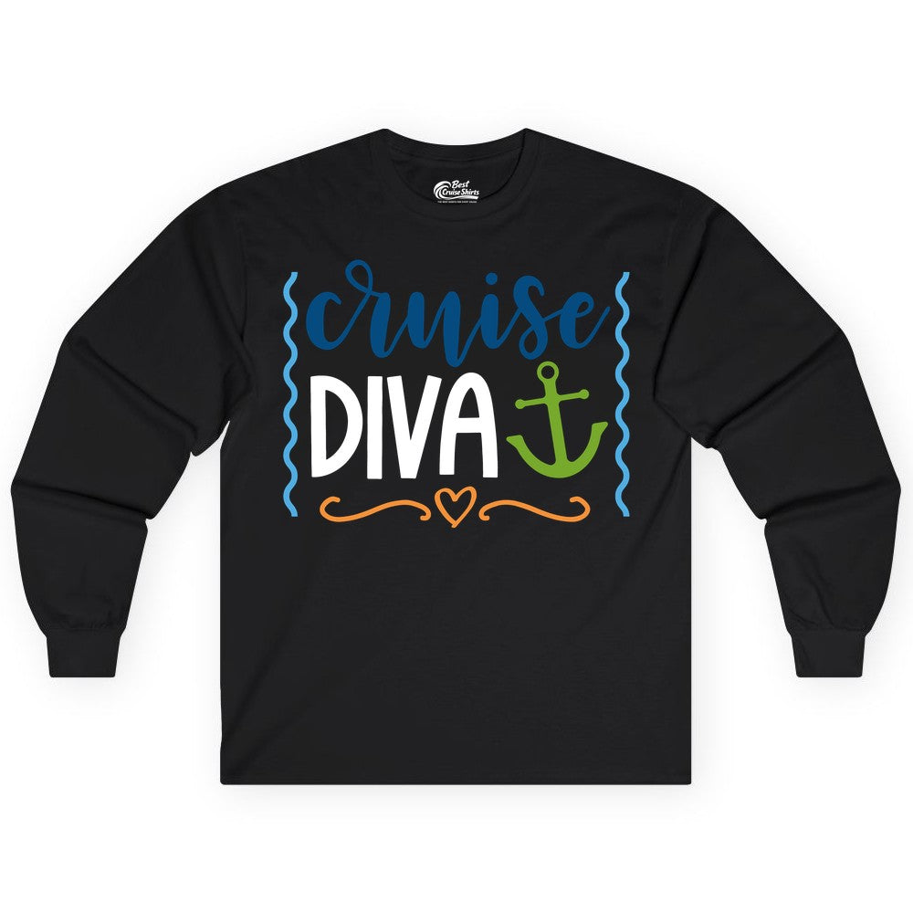 Cruise Diva Shirt - Nautical Vacation Apparel for Women Cruisers (Long Sleeve) in Black - Cruise Diva Nautical Anchor Shirt - Playful Fun Girls Trip Top