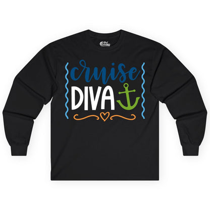 Cruise Diva Shirt - Nautical Vacation Apparel for Women Cruisers (Long Sleeve) in Black - Cruise Diva Nautical Anchor Shirt - Playful Fun Girls Trip Top