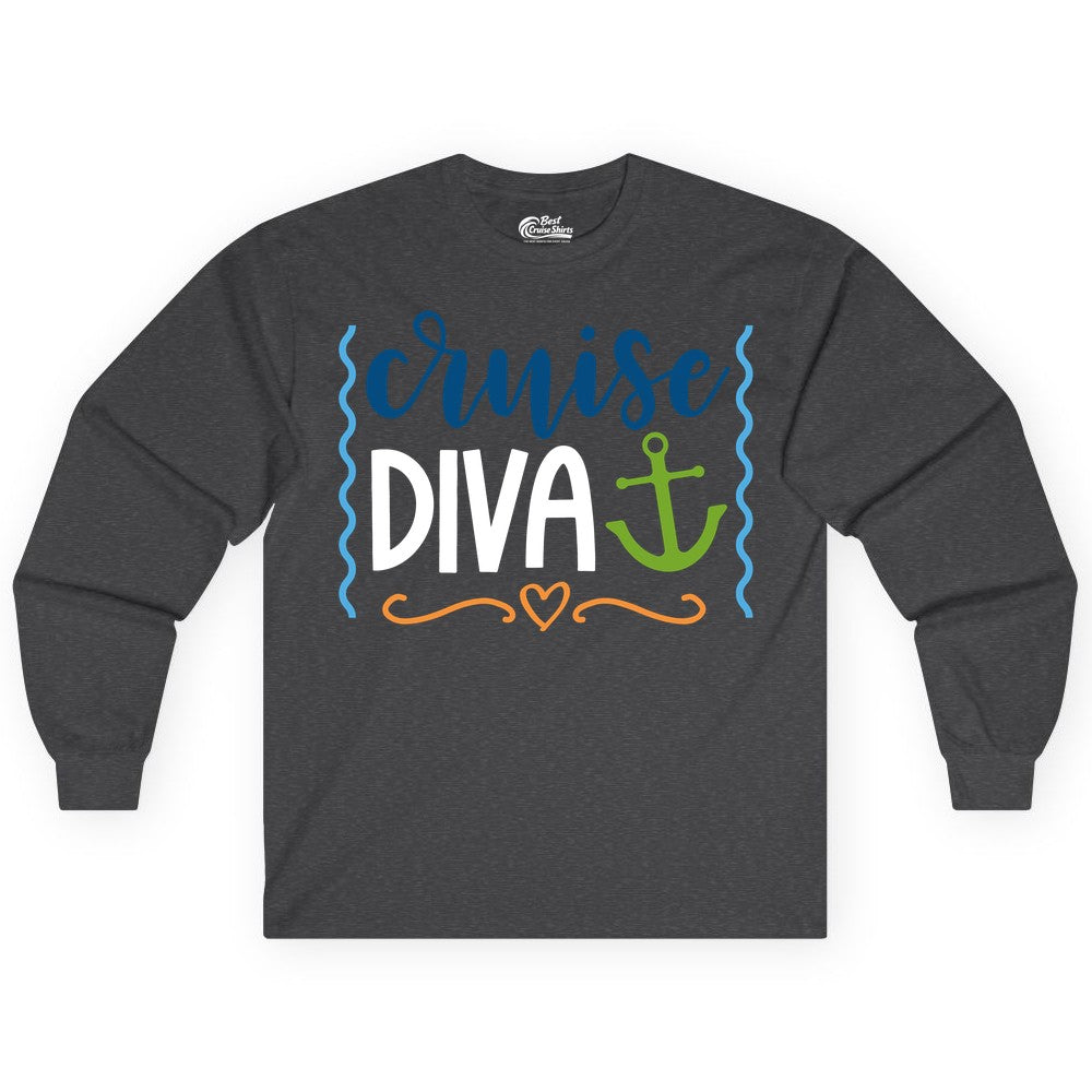 Cruise Diva Shirt - Nautical Vacation Apparel for Women Cruisers (Long Sleeve) in Dark Heather - Cruise Diva Nautical Anchor Shirt - Playful Fun Girls Trip Top