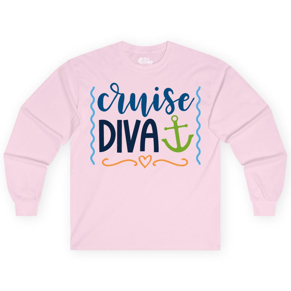 Cruise Diva Shirt - Nautical Vacation Apparel for Women Cruisers (Long Sleeve) in Light Pink - Cruise Diva Nautical Anchor Shirt - Playful Fun Girls Trip Top