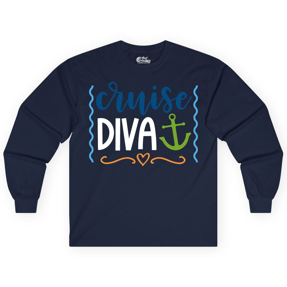 Cruise Diva Shirt - Nautical Vacation Apparel for Women Cruisers (Long Sleeve) in Navy - Cruise Diva Nautical Anchor Shirt - Playful Fun Girls Trip Top