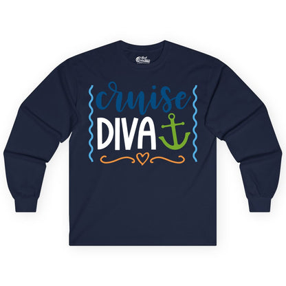 Cruise Diva Shirt - Nautical Vacation Apparel for Women Cruisers (Long Sleeve) in Navy - Cruise Diva Nautical Anchor Shirt - Playful Fun Girls Trip Top