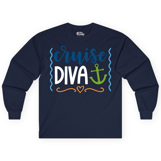 Cruise Diva Shirt - Nautical Vacation Apparel for Women Cruisers (Long Sleeve) in Navy - Cruise Diva Nautical Anchor Shirt - Playful Fun Girls Trip Top
