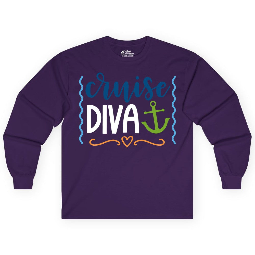 Cruise Diva Shirt - Nautical Vacation Apparel for Women Cruisers (Long Sleeve) in Purple - Cruise Diva Nautical Anchor Shirt - Playful Fun Girls Trip Top