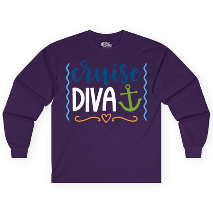 Cruise Diva Shirt - Nautical Vacation Apparel for Women Cruisers (Long Sleeve) in Purple - Cruise Diva Nautical Anchor Shirt - Playful Fun Girls Trip Top