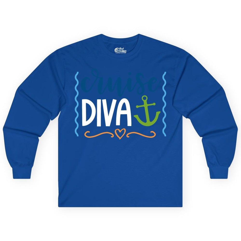 Cruise Diva Shirt - Nautical Vacation Apparel for Women Cruisers (Long Sleeve) in Royal - Cruise Diva Nautical Anchor Shirt - Playful Fun Girls Trip Top