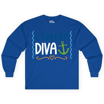 Cruise Diva Shirt - Nautical Vacation Apparel for Women Cruisers (Long Sleeve) in Royal - Cruise Diva Nautical Anchor Shirt - Playful Fun Girls Trip Top