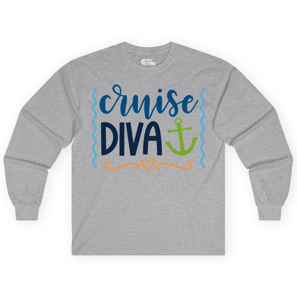 Cruise Diva Shirt - Nautical Vacation Apparel for Women Cruisers (Long Sleeve) in Sport Grey - Cruise Diva Nautical Anchor Shirt - Playful Fun Girls Trip Top