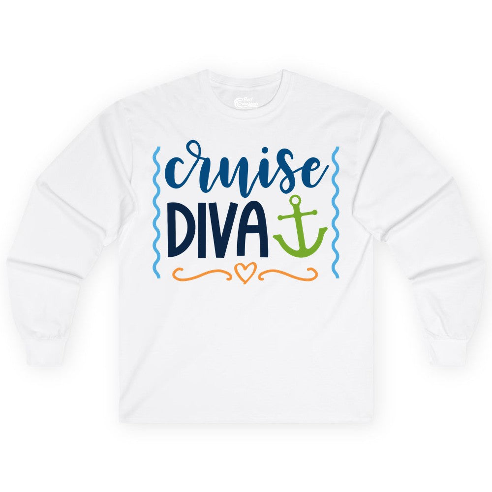 Cruise Diva Shirt - Nautical Vacation Apparel for Women Cruisers (Long Sleeve) in White - Cruise Diva Nautical Anchor Shirt - Playful Fun Girls Trip Top