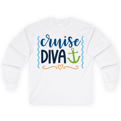Cruise Diva Shirt - Nautical Vacation Apparel for Women Cruisers (Long Sleeve) in White - Cruise Diva Nautical Anchor Shirt - Playful Fun Girls Trip Top