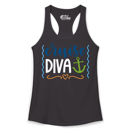 Cruise Diva Shirt - Nautical Vacation Apparel for Women Cruisers (Ladies Tank) in Black - Cruise Diva Nautical Anchor Shirt - Playful Fun Girls Trip Top