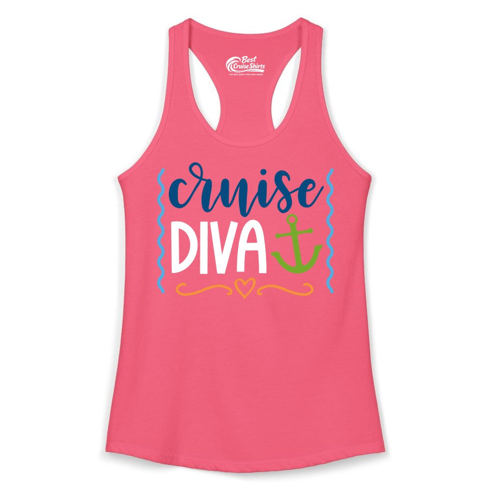 Cruise Diva Shirt - Nautical Vacation Apparel for Women Cruisers (Ladies Tank) in Hot Pink - Cruise Diva Nautical Anchor Shirt - Playful Fun Girls Trip Top