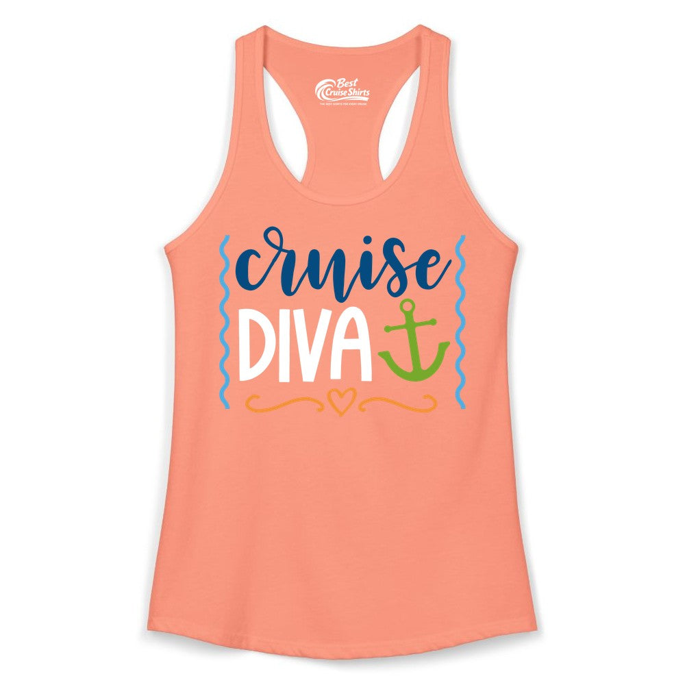 Cruise Diva Shirt - Nautical Vacation Apparel for Women Cruisers (Ladies Tank) in Solid Light Orange - Cruise Diva Nautical Anchor Shirt - Playful Fun Girls Trip Top
