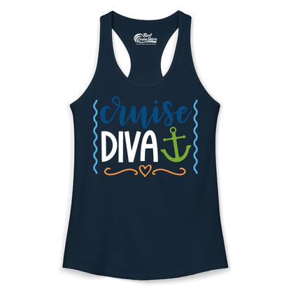 Cruise Diva Shirt - Nautical Vacation Apparel for Women Cruisers (Ladies Tank) in Solid Midnight Navy - Cruise Diva Nautical Anchor Shirt - Playful Fun Girls Trip Top