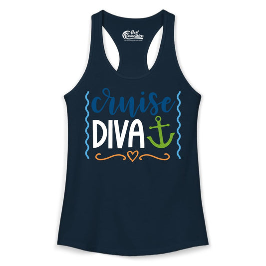 Cruise Diva Shirt - Nautical Vacation Apparel for Women Cruisers (Ladies Tank) in Solid Midnight Navy - Cruise Diva Nautical Anchor Shirt - Playful Fun Girls Trip Top