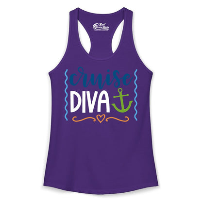 Cruise Diva Shirt - Nautical Vacation Apparel for Women Cruisers (Ladies Tank) in Solid Purple Rush - Cruise Diva Nautical Anchor Shirt - Playful Fun Girls Trip Top