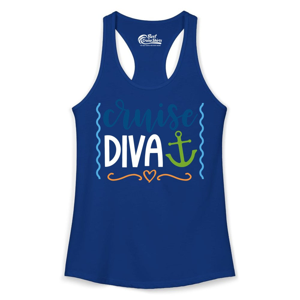 Cruise Diva Shirt - Nautical Vacation Apparel for Women Cruisers (Ladies Tank) in Solid Royal - Cruise Diva Nautical Anchor Shirt - Playful Fun Girls Trip Top