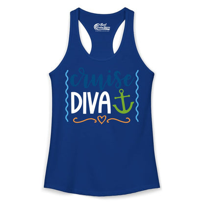 Cruise Diva Shirt - Nautical Vacation Apparel for Women Cruisers (Ladies Tank) in Solid Royal - Cruise Diva Nautical Anchor Shirt - Playful Fun Girls Trip Top