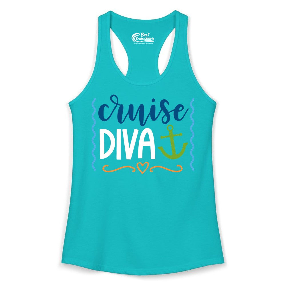 Cruise Diva Shirt - Nautical Vacation Apparel for Women Cruisers (Ladies Tank) in Tahiti Blue - Cruise Diva Nautical Anchor Shirt - Playful Fun Girls Trip Top