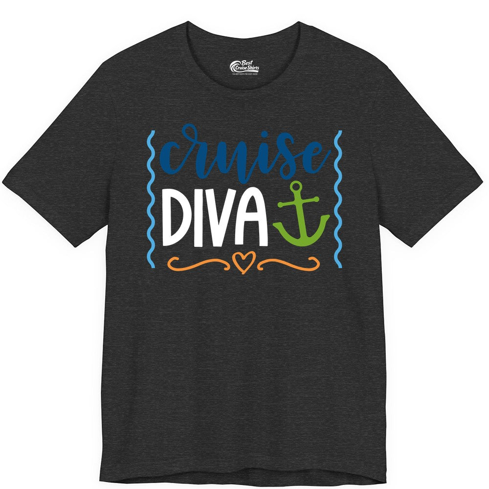 Cruise Diva Shirt - Nautical Vacation Apparel for Women Cruisers (Premium Tee) in Dark Grey Heather - Cruise Diva Nautical Anchor Shirt - Playful Fun Girls Trip Top