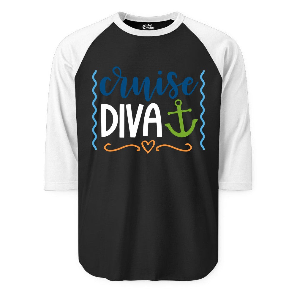 Cruise Diva Shirt - Nautical Vacation Apparel for Women Cruisers (Raglan) in BlackWhite - Cruise Diva Nautical Anchor Shirt - Playful Fun Girls Trip Top