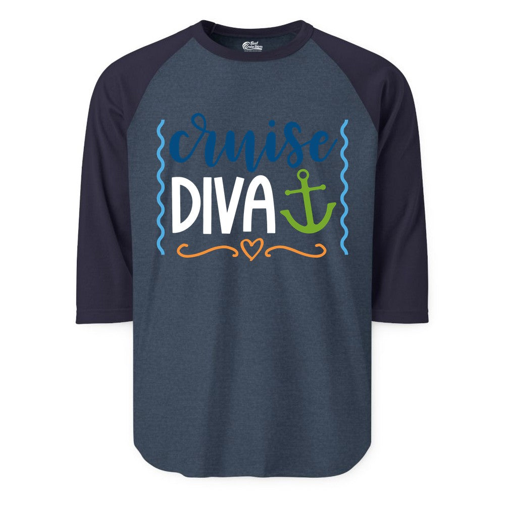 Cruise Diva Shirt - Nautical Vacation Apparel for Women Cruisers (Raglan) in Heather DenimNavy - Cruise Diva Nautical Anchor Shirt - Playful Fun Girls Trip Top