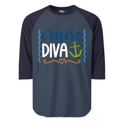 Cruise Diva Shirt - Nautical Vacation Apparel for Women Cruisers (Raglan) in Heather DenimNavy - Cruise Diva Nautical Anchor Shirt - Playful Fun Girls Trip Top