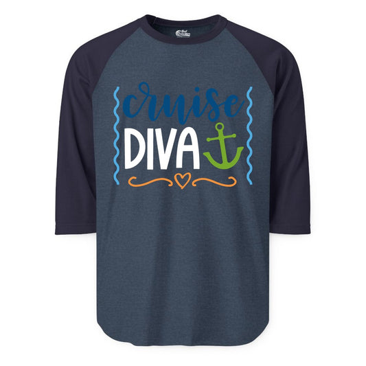 Cruise Diva Shirt - Nautical Vacation Apparel for Women Cruisers (Raglan) in Heather DenimNavy - Cruise Diva Nautical Anchor Shirt - Playful Fun Girls Trip Top