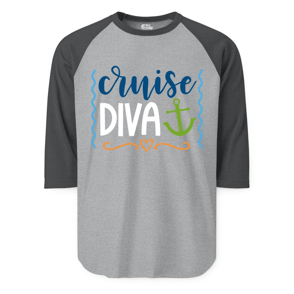 Cruise Diva Shirt - Nautical Vacation Apparel for Women Cruisers (Raglan) in Heather GreyHeather Charcoal - Cruise Diva Nautical Anchor Shirt - Playful Fun Girls Trip Top
