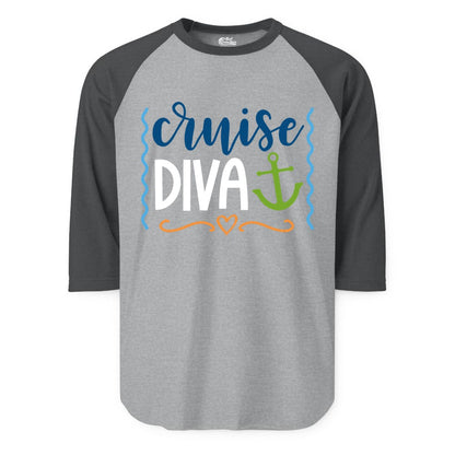 Cruise Diva Shirt - Nautical Vacation Apparel for Women Cruisers (Raglan) in Heather GreyHeather Charcoal - Cruise Diva Nautical Anchor Shirt - Playful Fun Girls Trip Top