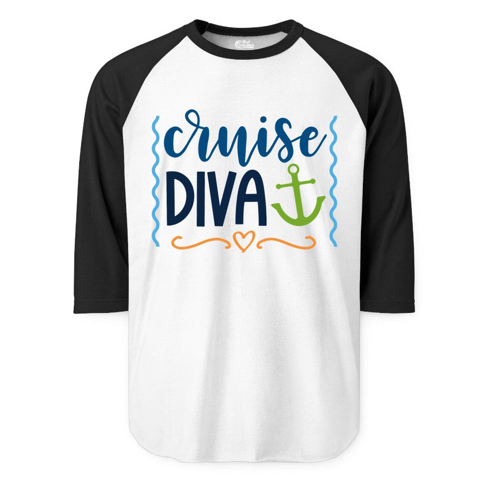 Cruise Diva Shirt - Nautical Vacation Apparel for Women Cruisers (Raglan) in WhiteBlack - Cruise Diva Nautical Anchor Shirt - Playful Fun Girls Trip Top