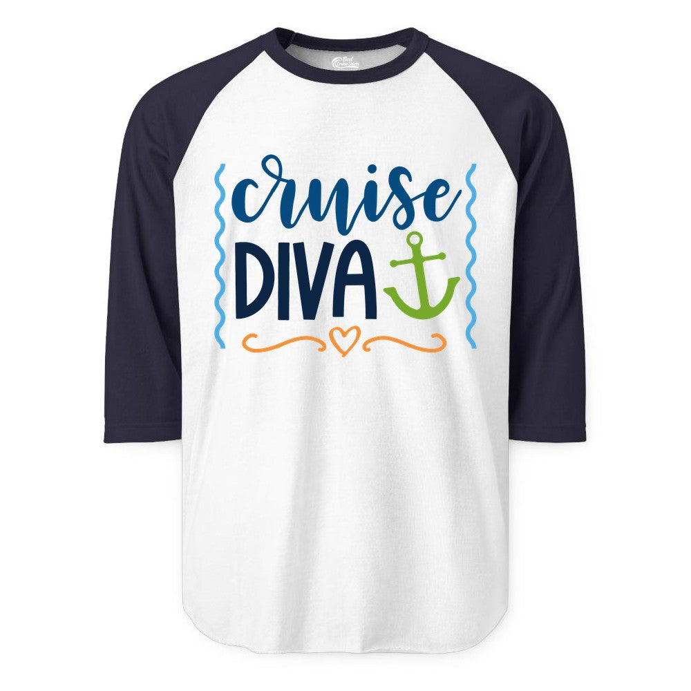 Cruise Diva Shirt - Nautical Vacation Apparel for Women Cruisers (Raglan) in WhiteNavy - Cruise Diva Nautical Anchor Shirt - Playful Fun Girls Trip Top