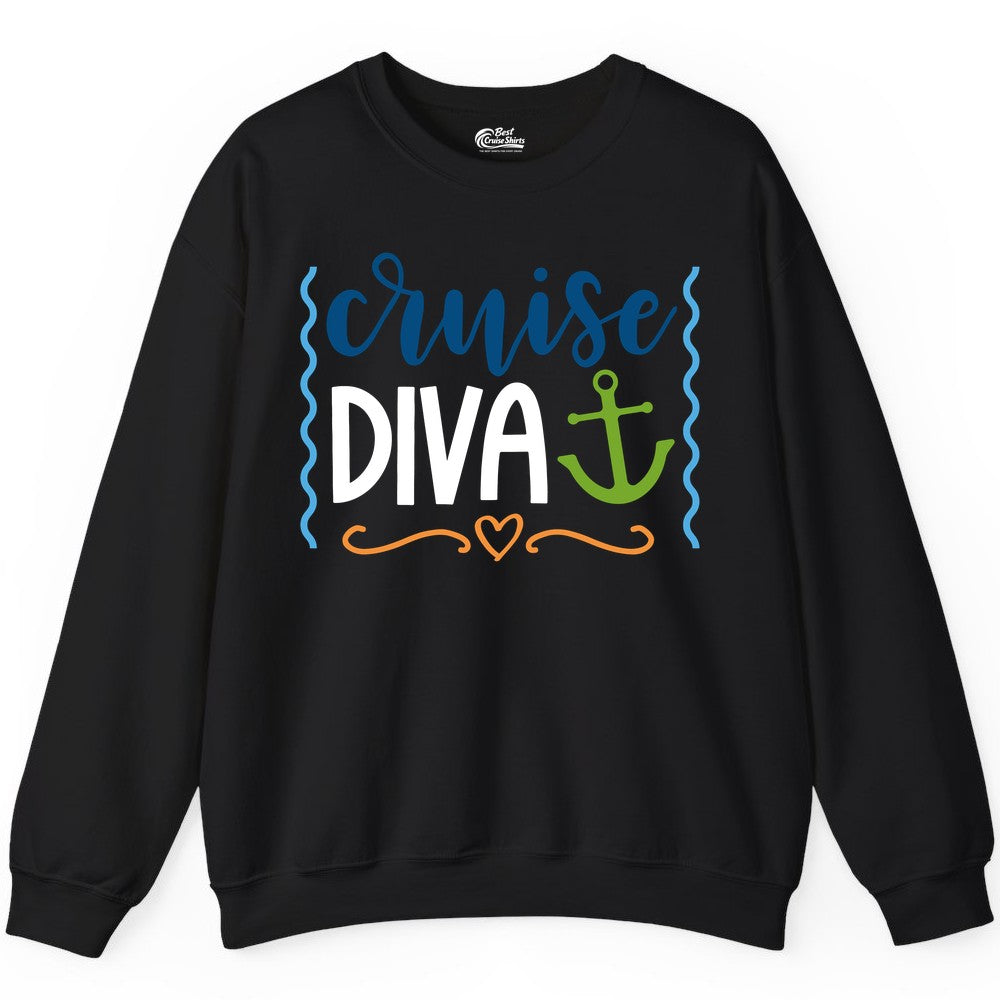 Cruise Diva Shirt - Nautical Vacation Apparel for Women Cruisers (Sweatshirt) in Black - Cruise Diva Nautical Anchor Shirt - Playful Fun Girls Trip Top