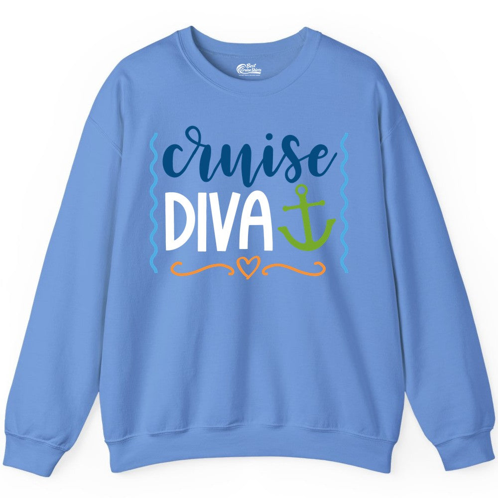 Cruise Diva Shirt - Nautical Vacation Apparel for Women Cruisers (Sweatshirt) in Carolina Blue - Cruise Diva Nautical Anchor Shirt - Playful Fun Girls Trip Top