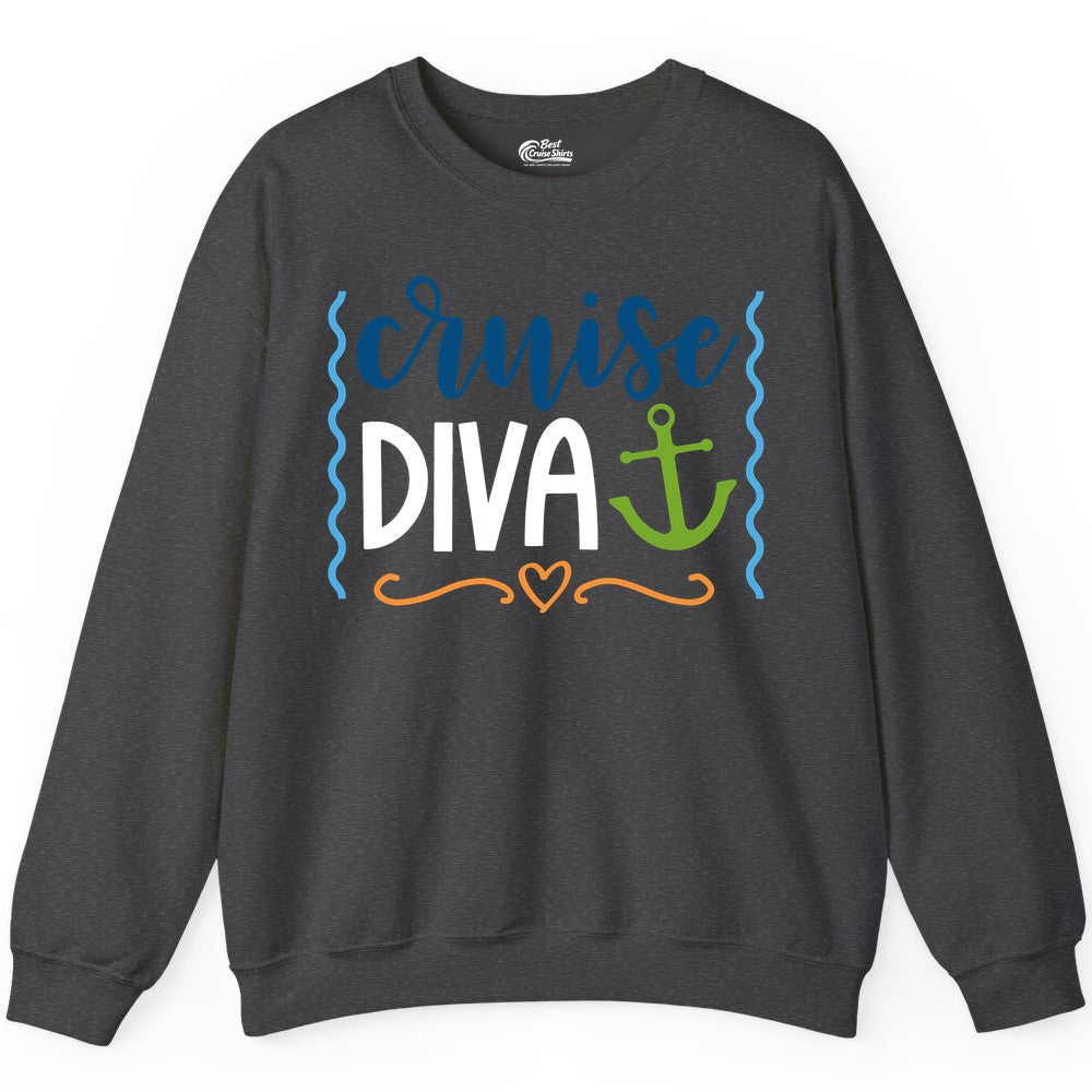 Cruise Diva Shirt - Nautical Vacation Apparel for Women Cruisers (Sweatshirt) in Dark Heather - Cruise Diva Nautical Anchor Shirt - Playful Fun Girls Trip Top