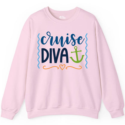 Cruise Diva Shirt - Nautical Vacation Apparel for Women Cruisers (Sweatshirt) in Light Pink - Cruise Diva Nautical Anchor Shirt - Playful Fun Girls Trip Top
