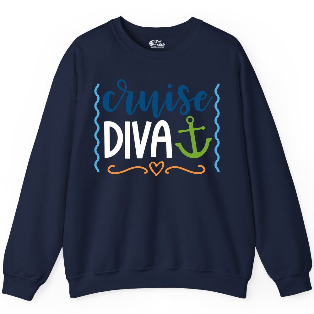Cruise Diva Shirt - Nautical Vacation Apparel for Women Cruisers (Sweatshirt) in Navy - Cruise Diva Nautical Anchor Shirt - Playful Fun Girls Trip Top