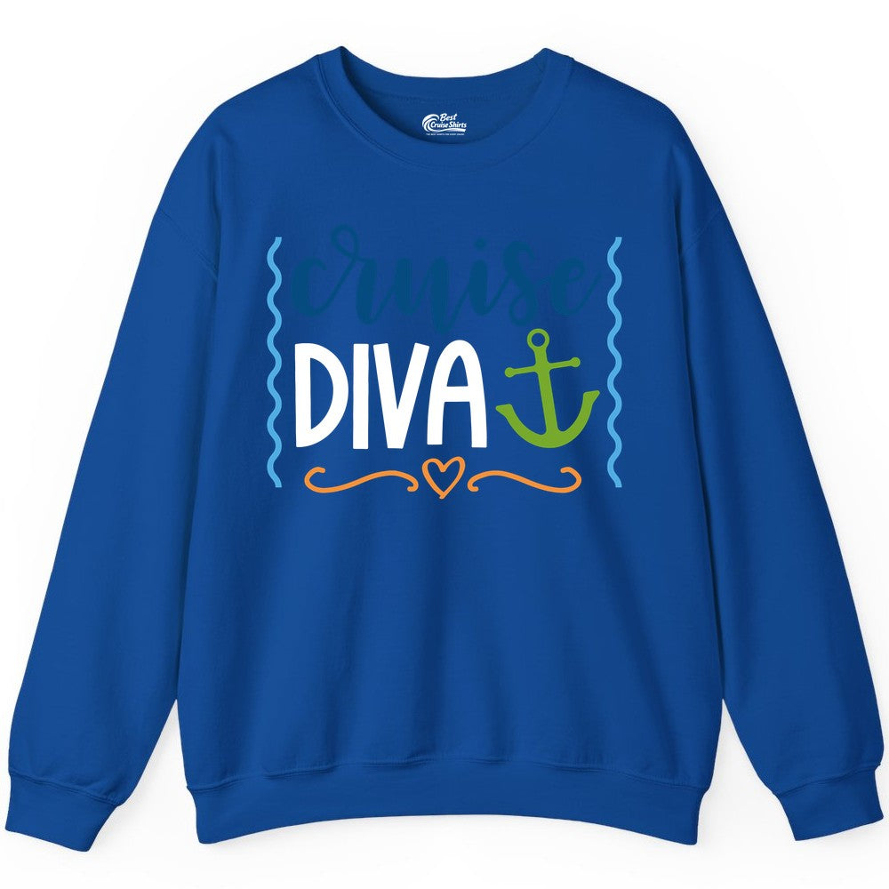 Cruise Diva Shirt - Nautical Vacation Apparel for Women Cruisers (Sweatshirt) in Royal - Cruise Diva Nautical Anchor Shirt - Playful Fun Girls Trip Top